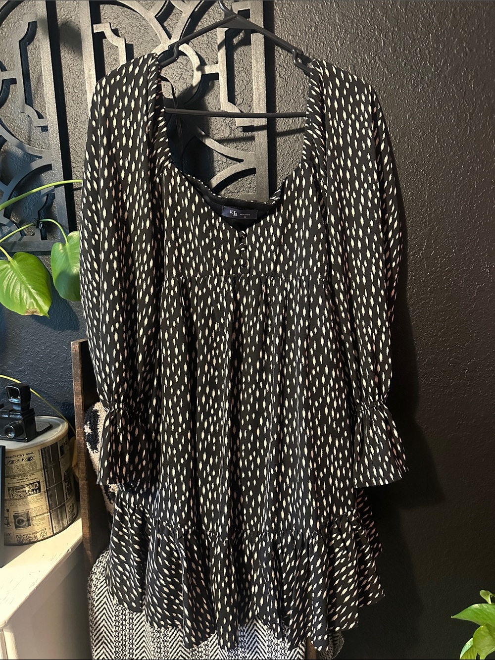 Black & White Dot Long Sleeve Ruffle Hem Dress